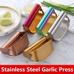 New 2 in1 Gold Stainless Steel Garlic Press Rolling Crusher Tools Kitchen Gadget Metal Bottle opener triturador de alho wholesale