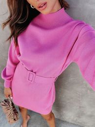 Basic Casual Dresses Turtleneck Sweater Dress Women Long Sleeve Winter Knitted with Belt Lady Elegant Pink Mini Christmas Party 230817