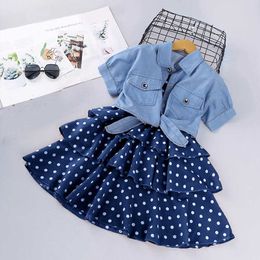 Clothing Sets Summer Girls Dresses Children's Clothing Sets Short-sleeved Denim Jacket +Skirt Suit Dot Dress Set for 3-14Y