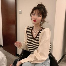 Women's Sweaters Vintage Long Sleeve Striped Knitted Sweater Sexy Slim Shirt Cropped Tops Korean Fashion Y2k Clothing