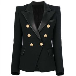 Premium New Style Top Quality Blazers Original Design Women's Double-Breasted Slim Jacket Metal Buckles Black Leather Collar Outwear Size chart
