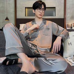 Men's Sleepwear Autumn Imitation Silk Pyjamas Double Long Pit Strips Solid Colour Simple Casual Senior Home Clothes