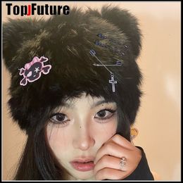 Trapper Hats Y2K Japanese Harajuku Kawaii Black White Bunny Faux Fur Skull Cat Ears Hats Women Girl Winter Warm Lambswool Cute Beanie Caps 230817