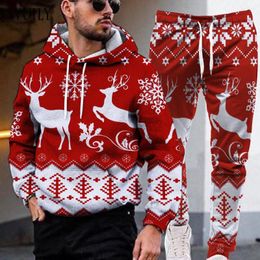 Men's Tracksuits Christmas Snow Suit Youth Elk Red Graphic Hooded For Men Holiday 3D Print Hoodie Casual Hip Hop Pattern Sweatpants