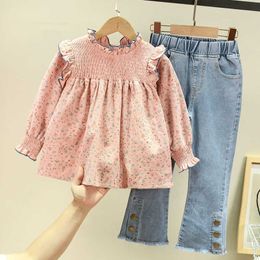 Clothing Sets Children'S Clothing Spring Autumn New Floral Cute Baby Shirt +Denim Bell Bottom Jeans Pants Casual Sweet Girls Clothes Suit