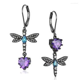 Dangle Earrings Huitan Black Punk Dragonfly Shape Women Drop Earring Purple Heart Vintage Party Female Jewellery Unique Accessories