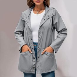 Women's Trench Coats 2023 Fall Winter Womens Windbreaker Outdoor Hiking Sport Waterproof Hooded Rain Jacket Drawstring Button Down Raincoats