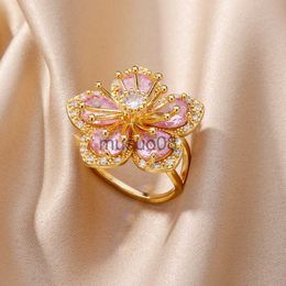 Band Rings Delicate Pink Zircon Flower Rings for Women Gold Plated Stainless Steel Ring 2023 Trend Elegant Luxury Aesthetic Jewellery anillos J230817