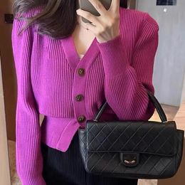 French Designer Metal Button Brooch Three-dimensional Decorative Design V-neck Slim Sweater Coat Long Sleeve Solid Color Cardigan Woman