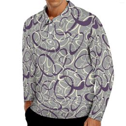 Men's Polos Retro Mod Casual T-Shirts Grey Geometric Long Sleeve Polo Shirts Turn-Down Collar Street Style Autumn Graphic Shirt Plus Size