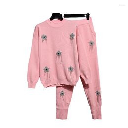 Women's Two Piece Pants Pink Sequins Star Knitted Suit Women Outfits 2pc Loose Tracksuits Long Sleeve Pullover Sweater Pencil Set Female