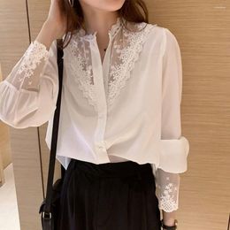 Women's Blouses Lady Commute Shirt Floral Embroidered Lace For Women Elegant Single-breasted Shirts With Stand Collar Soft Fabric Ol