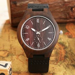 Other Watches Ebony Wood Watch for Men Men's Small Seconds Face Analogue Quartz Clock Male High Quality Black Leather Wooden Wristwatch 230816