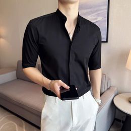 Men's Casual Shirts Chinese Style Stand Collar Shirt Summer Half Sleeve Business Dress Slim Fit Social Party Streetwear 2023