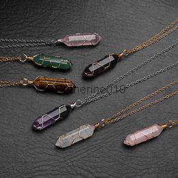 Pendant Necklaces Natural Stone Crystal Necklaces Hexagonal Bullet Amethysts Pink Quartz Lapis Lazuli Pendant Necklace Women Men Wire Wrap Jewellery J230817