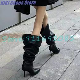 Boots pointedtoe stiletto heels catwalk boots trolley long tube plussize womens folds fashion sexy 230817
