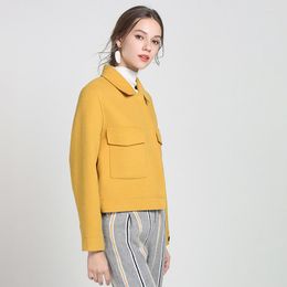 Women's Jackets Double-faced Top Brand Wool Short Coats Women 2023 Fall Winter Elegant Solid Yellow Slim Long Sleeve Jacket Outwear Femme