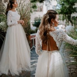 Sexy Backless Beach Wedding Dresses Long Sleeves Lace And Tulle Bohemian A Line Bridal Gowns Sweep Train Country Vestido De Novia