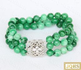 Strand JQHS Natural 20cm 3row 8mm Round Multicolor Green Jade Beads Bracelet 18KGP Clasp C790 Necklace