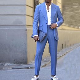 Men's Suits Light Blue Men Peaked Lapel One Button Blazer Jacket Tuxedos Groom Wedding Costume Mariage Homme 2 Piece Coat Pant