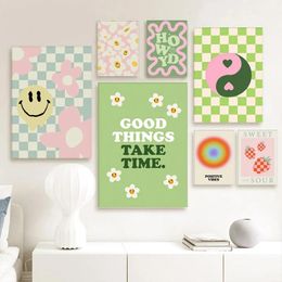 Colourful Danish Pastel Canvas Painting Cherry Plaid Smiley Flower Butterfly Aesthetic Pink Posters And Print Wall Art Nursery Girl Bedroom Home Decor No Frame Wo6