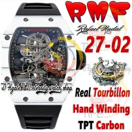 RMF 27-02 Mens Watch Real Tourbillon Mechanical Hand Winding TPT Quartz Carbon Fibre Case Skeleton Dial Black Rubber Strap 2023 Super Edition Sport eternity Watches
