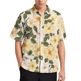 Men's Casual Shirts Yellow Flower Print Green Leaf Beach Shirt Hawaiian Trending Blouses Men Plus Size