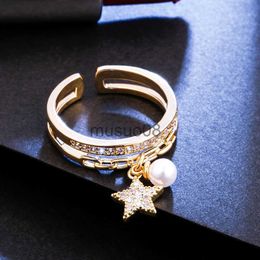 Band Rings Resizable Pearl and Star Pendant Copper Rings For Women 2 Layer Zircon Female Open Finger Rings For Girlfriend Valentines Gift J230817