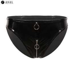 Briefs Panties Womens Wet Look Faux Leather High Waisted Zipper Crotch Booty Shorts Latex Bierfs Panties Underwear Rave Dance Bottoms Clubwear 230817