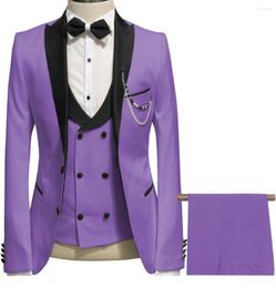 Men's Suits 2023 Latest Coat Pant Designs Light Purple Linen Wedding For Men Terno Slim Fit Groom Custom 3 Piece Tuxedo Set Male