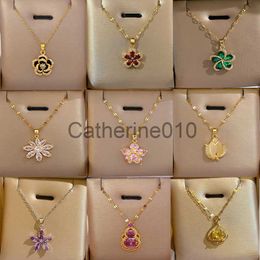 Pendant Necklaces OIMG Stainless Steel Multiple Styles New Design Heart Flower Zircon Pendant Necklace for Women Girls Elegant Luxury Jewellery J230817