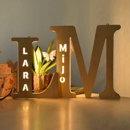 Decorative Objects Figurines Personalized Name Alphabet Decoration Wood Night Light Bedside Lamp LED Wall Letter Hollow Initial Ornament For Baby Kids 230816