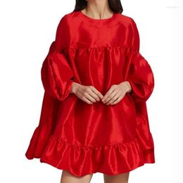 Casual Dresses O-neck Party Dress Long Bubble Sleeve Red Ruffles Mini A-line Women Clothing Women's Satin