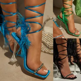 Rhinestone Bridal shoes Crystal Feather Fuzzy Sandals Women Cross Strap Transparent Clear High Heel Wedding Clubwear Dance Shoes