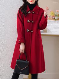 Women's Trench Coats Autumn Winter Fashion Red Loose Wool Blends Women Woollen Jacket Coat 2023 Elegant Long Sleeve Turn Down Collar