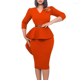 Ethnic Clothing With Belt Brooch African Party Dresses Woman 2023 Summer Sexy 3/4 Long Sleeve Peplum Elegant Christmas Evening Africa