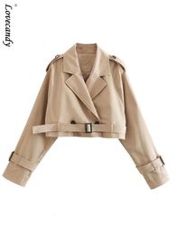 Women's Jacket's Cropped Trench Khaki Lapel Collar Jackets Coat Female Long Sleeve With Belt Single Button Short Jacket Spring Streetwear 230816