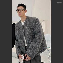 Men's Jackets Autumn Winter Collarless Niche Woollen Short Overcoat Fashion Grey Cotton Causal Loose High Street Coat Male Clothes