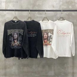 Men's T-Shirts Good Quality Vintage Characters Letter Cross T Shirt Men Oversized Women Long Sleeves T-Shirt Washed Fashion Tee Men Clothing