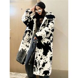 Winter Thicken Oversized Cow Printed Hooded Long Faux Mink Fur Coat Women Furry Faux Fur Jacket for Lovers Coats Man