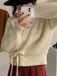 Women's Knits Elegant Short Sweater V-neck Buttonless Side Belt 2023 Autumn Winter Loose Cardigan Women Korean Long Sleeve Knitwear Coat