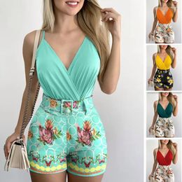 Women's Tracksuits Fashion Sexy V Neck Suspender Top And Printed Mini Shorts 2 Piece Set Elegant Office Lady Clothing Simmer Casual Vintage