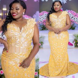 2023 August Aso Ebi Mermaid Gold Prom Dress Sequined Lace Beaded Evening Formal Party Second Reception Birthday Engagement Gowns Dresses Robe De Soiree ZJ100
