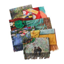 Scarves Fashion Oil Painting Scarf Women Winter Warm Van Gogh Painting Tassel Scarves Unique Luxury Long Print Wraps Shawl 230816