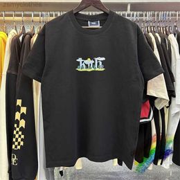 Men's T-Shirts Good Quality Kith Fahion T-Shirt Men Sunshine White Clouds Fun Forest Tags Loose Black Apricot Women Vintage Short Sleeve