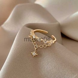 Band Rings Fashion hexagram Stars Pendant Rings Gold Color Sparkling Zircon Opening Ring Woman Elegant Geometric Chain Ring Party Jewelry J230817