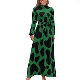 Casual Dresses Cow Print Clover Irish Gift Dress Green And Black Spots Streetwear Beach Female Long Sleeve High Waist Maxi