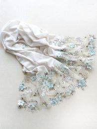Scarves Floating Flowers Like A Dream! Soft Light White Cashmere Scarf Handmade Blue Lace Three-dimensional Embroidery Shawl Women