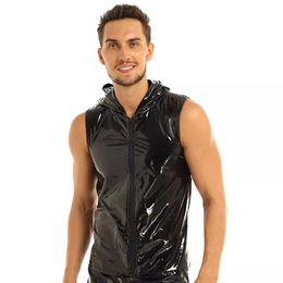 Other Panties Plus Size Mens Shiny Tank Leather Hoodies Shirts Sleeveless Wetlook Latex Sleeveless Tops Hooded Vest T-shirt Full Zipper Sexi 230817