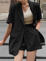 Women's Two Piece Pants ZANZEA Office 2piece Sets Women Blazer Suits Causal Short Sets Long Sleeve Lapel Neck Shirt Shorts Work OL Outfits Tracksuit J230816